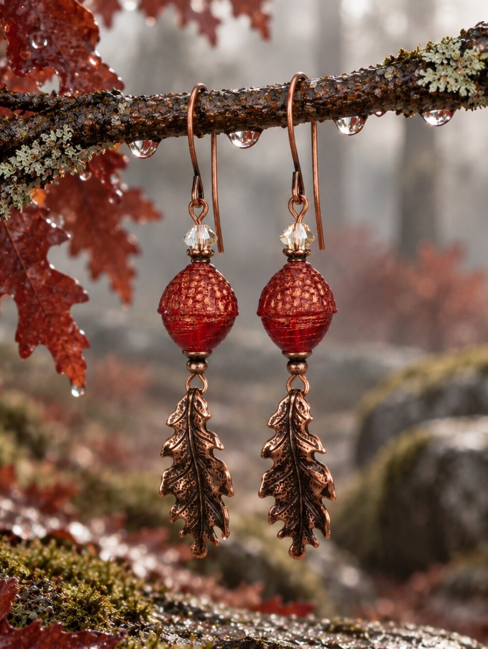 Red Czech Glass Acorn Earrings Copper Oak Leaf Woodland Hand Crafted